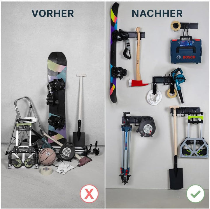 Dönges Werkzeug Wandhaken für Garage Aufbewahrungsregal mit 5 Schienen, 14 Haken &amp; 2 Klettschlaufen