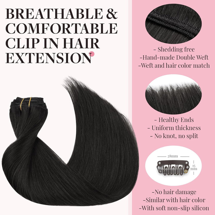 MAXITA Echthaar Extensions Clip, 40cm 16 Zoll 120g 7 Stück Naturschwarz Clip in Extensions Echthaar