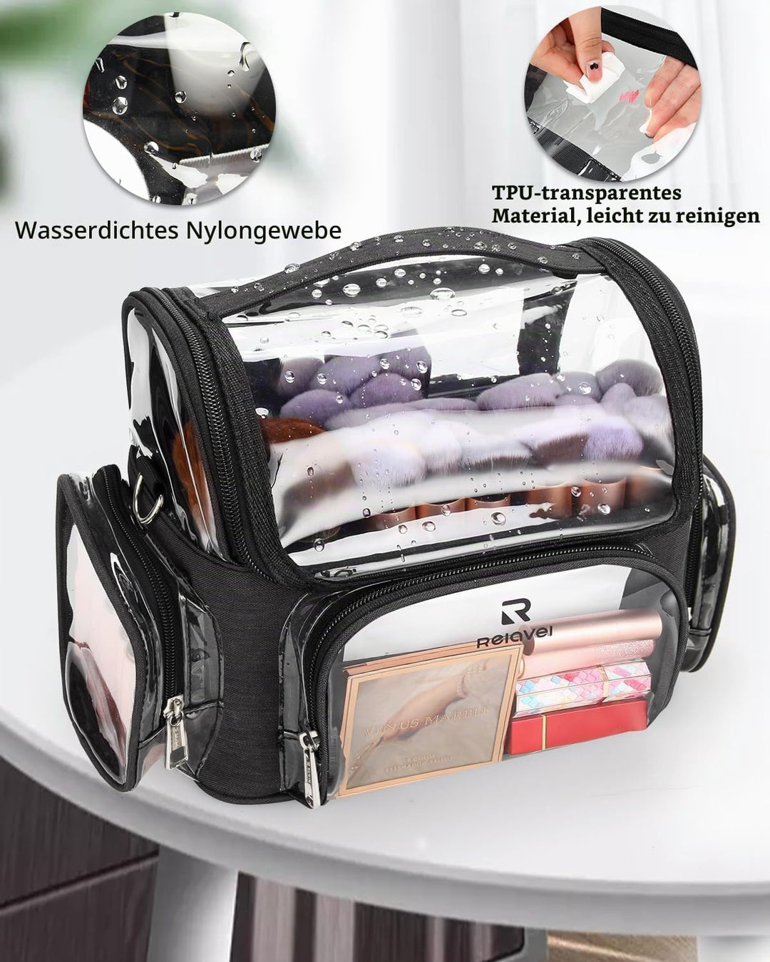Relavel Make-up Pinsel Tasche, Transparente Kosmetiktasche Portable Grosse Makeup Pinselhalter Profe