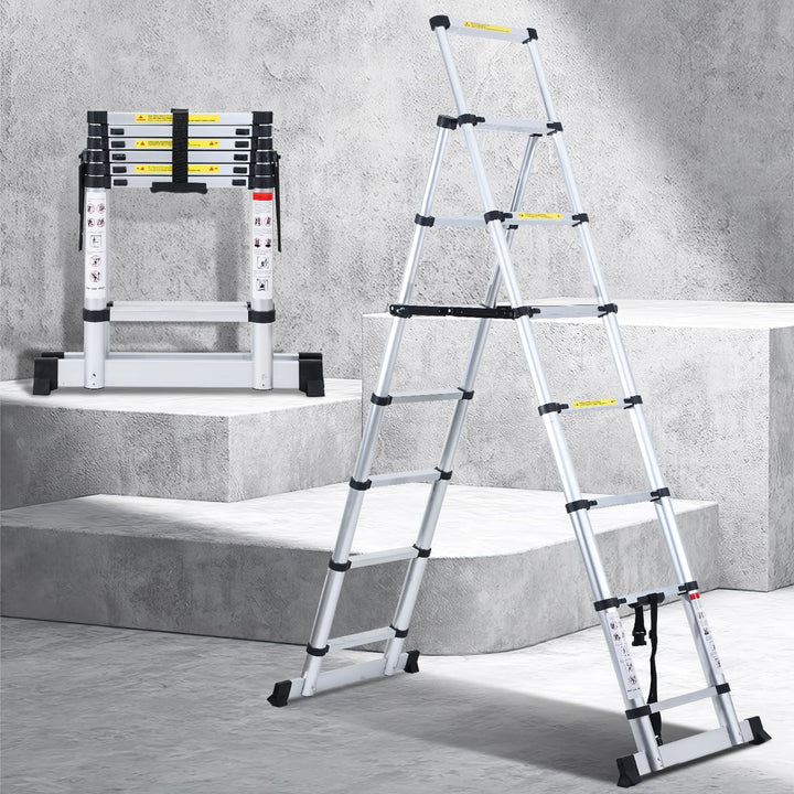 Teleskopleiter 1,7m+2,0m, Aluminium Anti-Rutsch Leiter Ausziehbar, Mehrzweckleiter, Klappleiter A-Ra