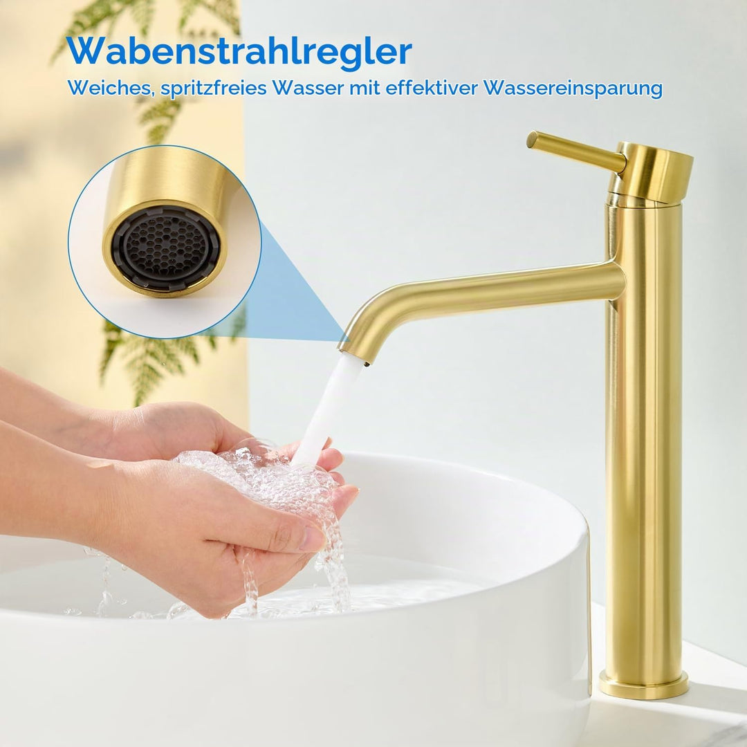 Waschtischarmatur Hoch, Wasserhahn Bad Gold für Aufsatzwaschbecken, Armatur Badezimmer Waschbecken,