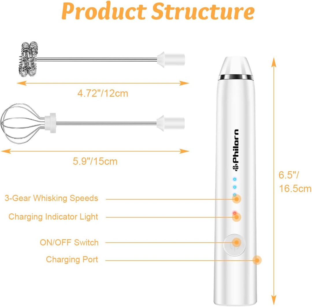 Philorn Milchaufschäumer Stab, Milchaufschäumer Elektrisch Stab Hand Held, 3-Gang USB-C Aufladbar Au