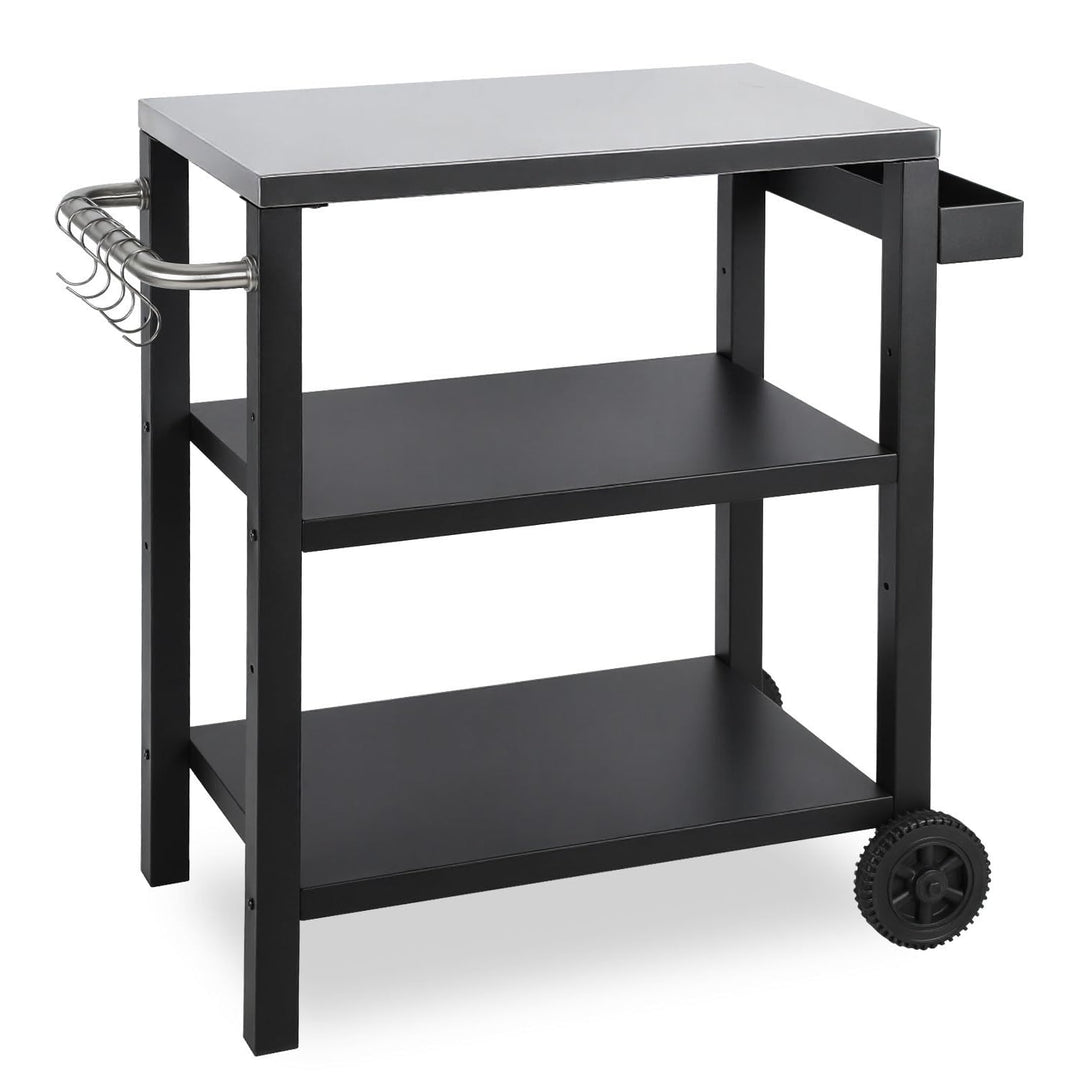 Grillwagen Höhenverstellbar, Grilltisch mit 3 Ablagen, 6 Haken, Griff & Gewürzregal, Outdoorküche Se