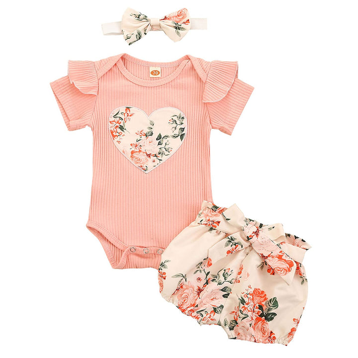 Geagodelia 3tlg Baby Kleidung Outfit Mädchen Babykleidung Set Kurzarm Body Strampler + Blumen Shorts