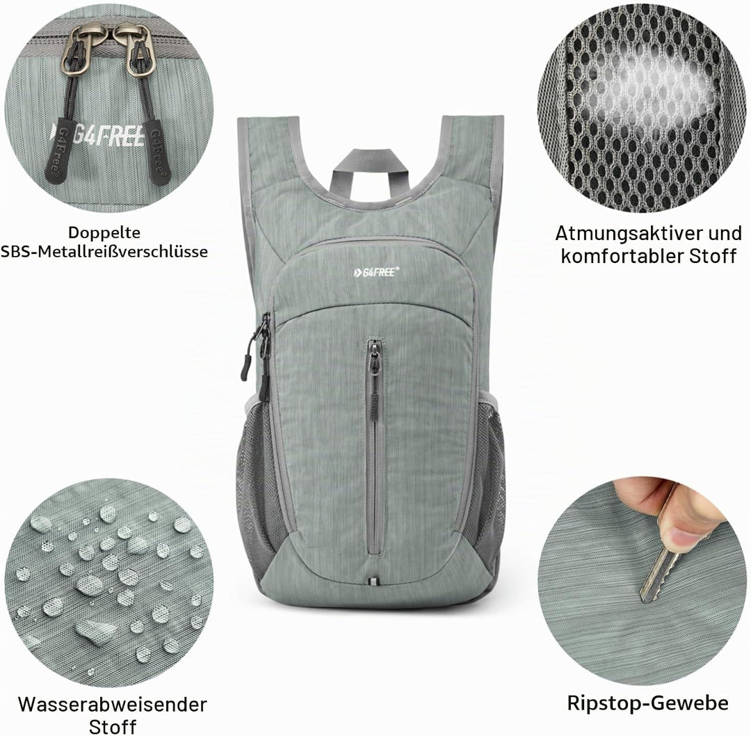 G4Free Wanderrucksack, 10 l, klein, für Reisen, Wandern, Tagesrucksack, leicht, verstaubar Grau 10L,