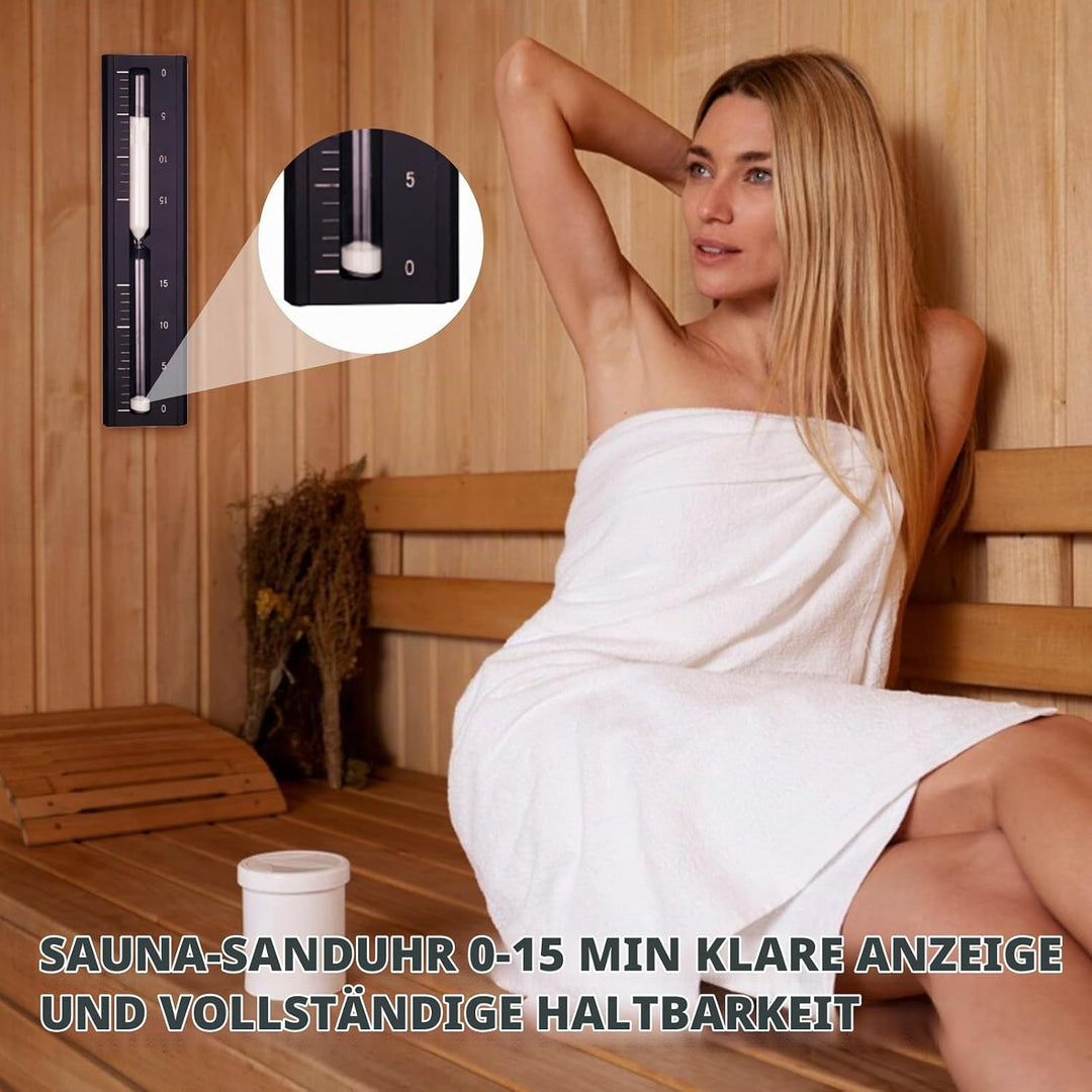 Saunakübel Set, 7L Aluminium Sauna Eimer mit Sanduhr, Saunaschale, Saunakelle, Thermo &amp; Hygrometer,