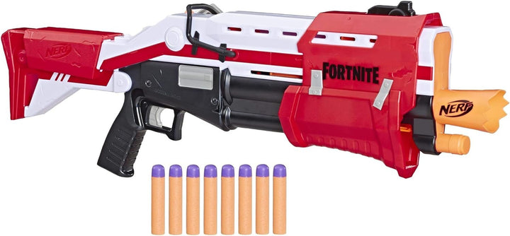 NERF Hasbro E7065EU4 TS Pump-Action Blaster, 8 Mega Fortnite Darts, Dartaufbewahrungsfach - Für Juge
