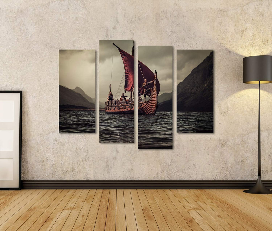 islandburner Bild auf Leinwand Gruppe Von Wikingern Auf Dem Meer Auf Drakkar Mit Bergen Im Hintergru