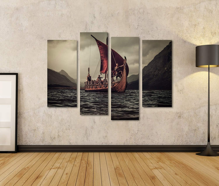 islandburner Bild auf Leinwand Gruppe Von Wikingern Auf Dem Meer Auf Drakkar Mit Bergen Im Hintergru