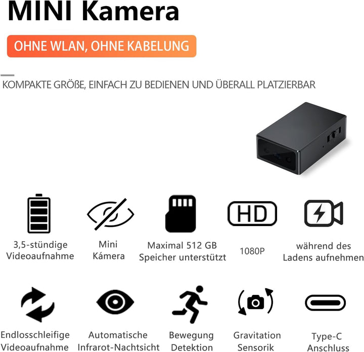 Mini Kamera - HD 1080P, Mini-Kamera, Überwachungskamera, Kamera Überwachung Aussen Innen - Bewegungs