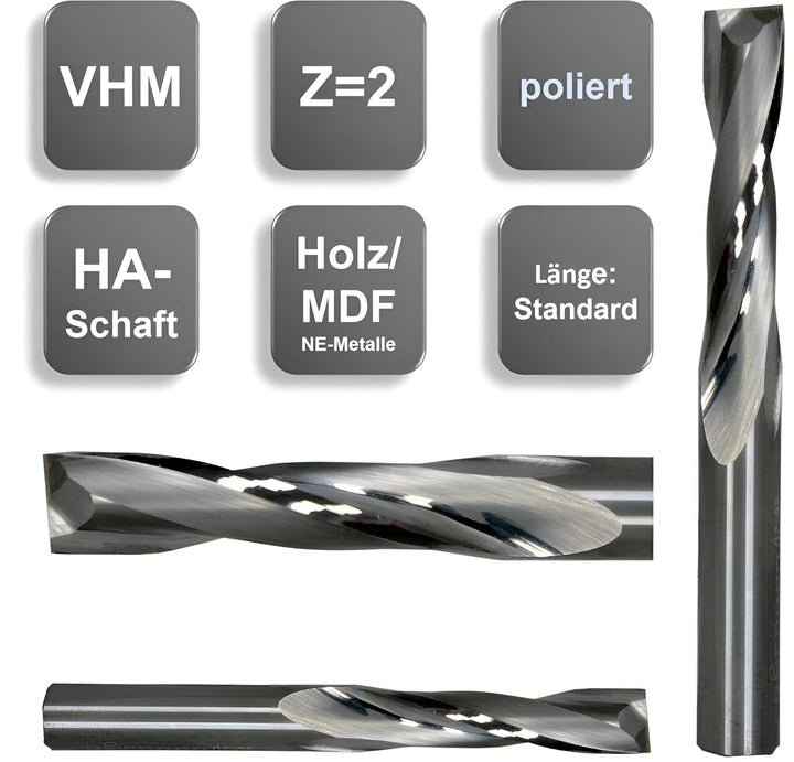 VHM Fräser, Spiralnutfräser, CNC-Fräser für Holz, MDF Z=2 Schaftfräser mit polierter Spannut (6,0 x