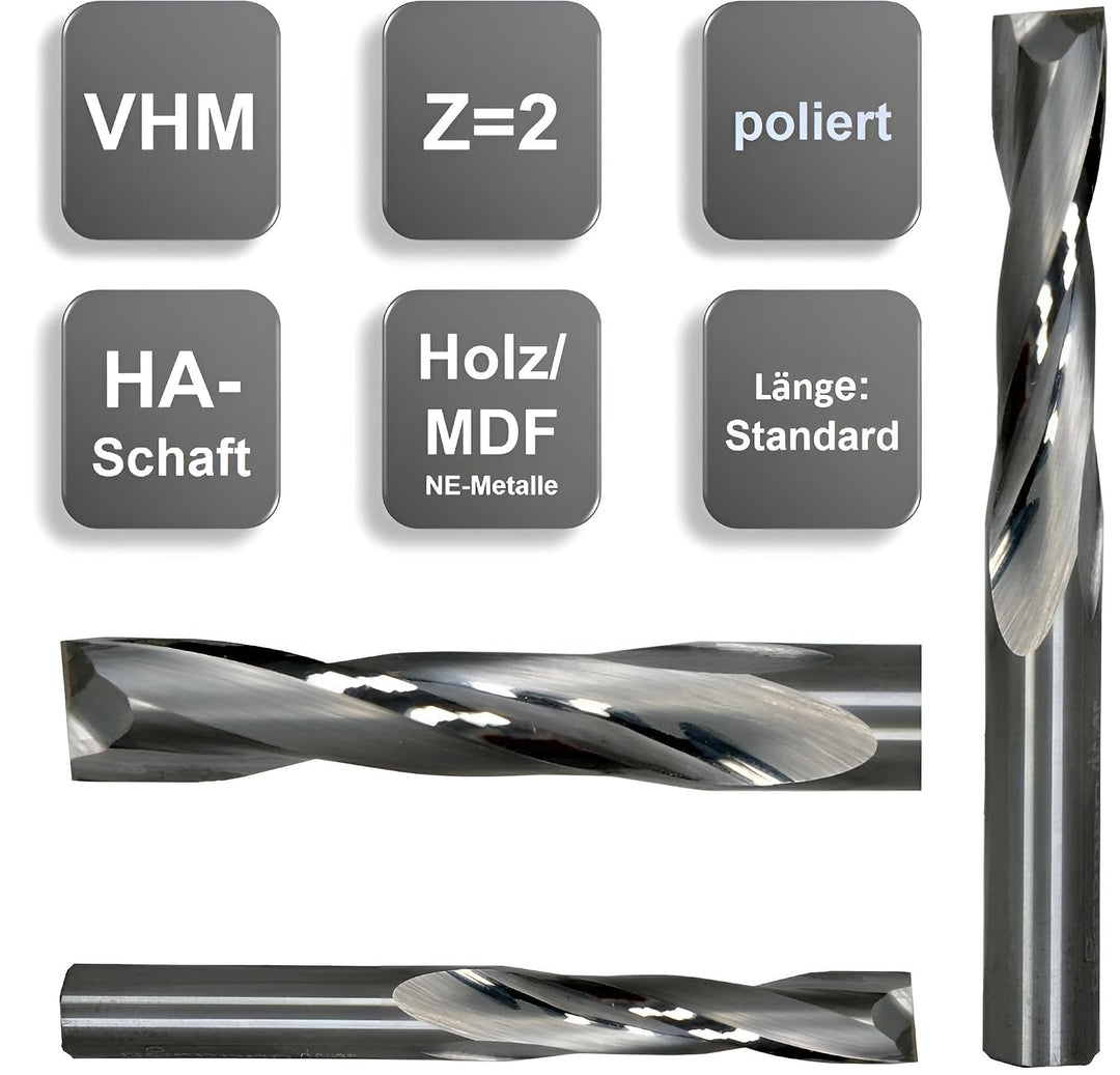 VHM Fräser, Spiralnutfräser, CNC-Fräser für Holz, MDF Z=2 Schaftfräser mit polierter Spannut (12,0 x