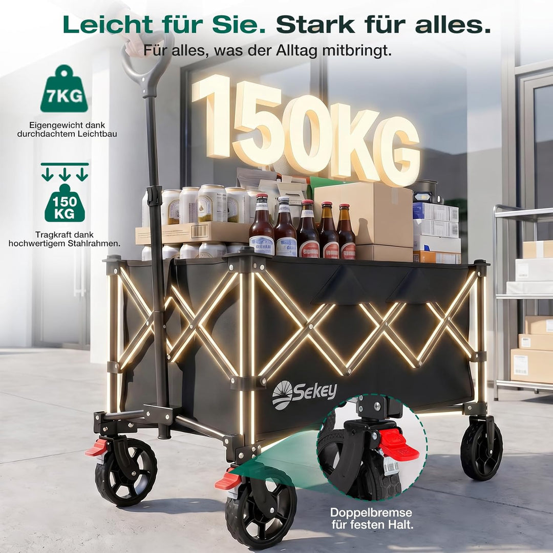 Sekey Bollerwagen Faltbar 135L 150KG Belastbar, Transportwagen klappbar mit Geländereifen mit Bremse