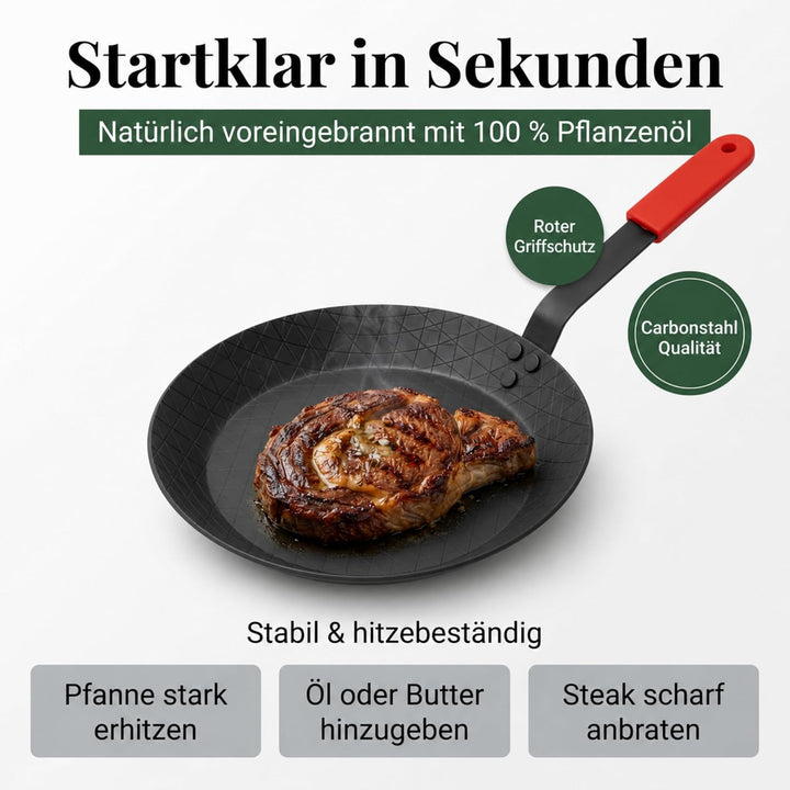 pasoli Steak-Pfanne aus Carbonstahl, voreingebrannt (mit Griffschutz) Steak-Pfanne mit Griffschutz,