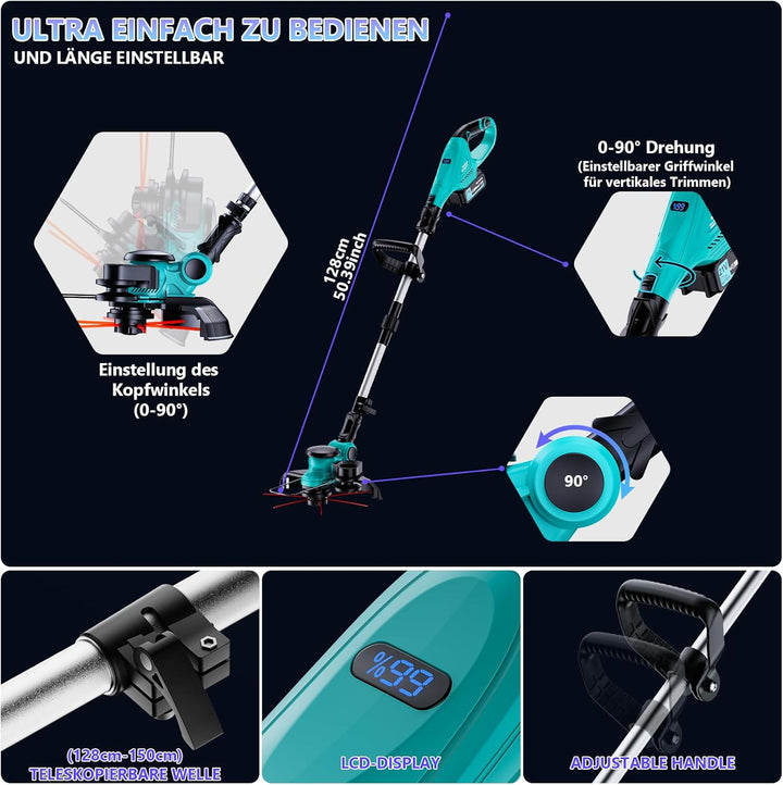 Rasentrimmer mit Akku 21V 1000W Bürstenloser Motor 3-in-1-Rasentrimmer, mit Akku 2 x 4000mAh mit 90°