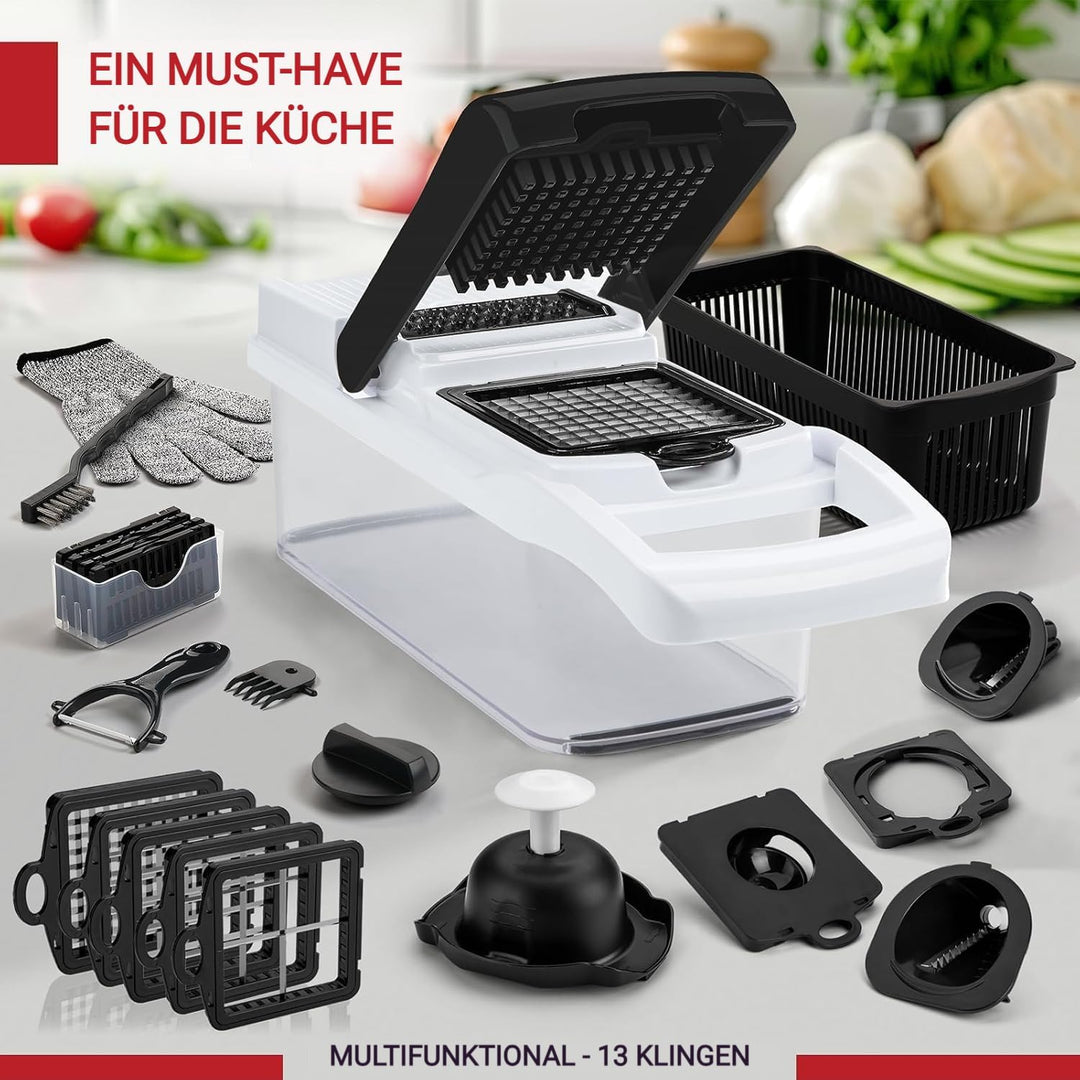 25-in-1 Multifunktionaler Gemüseschneider, 13 Lebensmittelqualitäts-Edelstahlklingen, Schneider-Würf