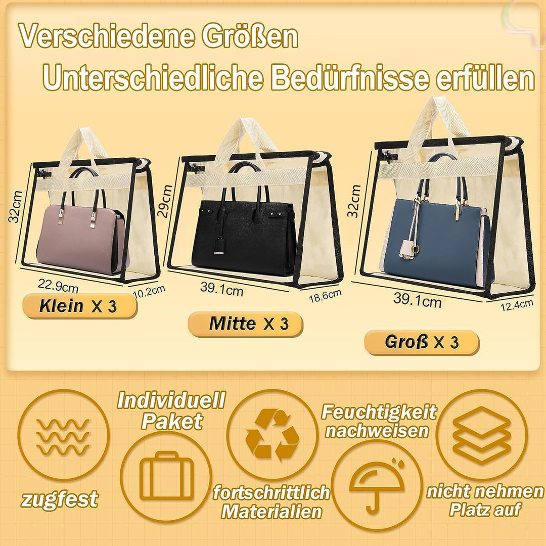 9 Stück Transparente Handtaschen-Aufbewahrungstasche, 3 Grössen Handtaschen Staubschutzbeutel mit Re