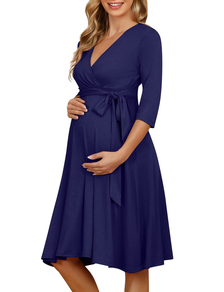 KOJOOIN Damen Umstandskleid Schwangerschafts Kleid für Schwangere Stillkleid V-Ausschnitt Langarm mi