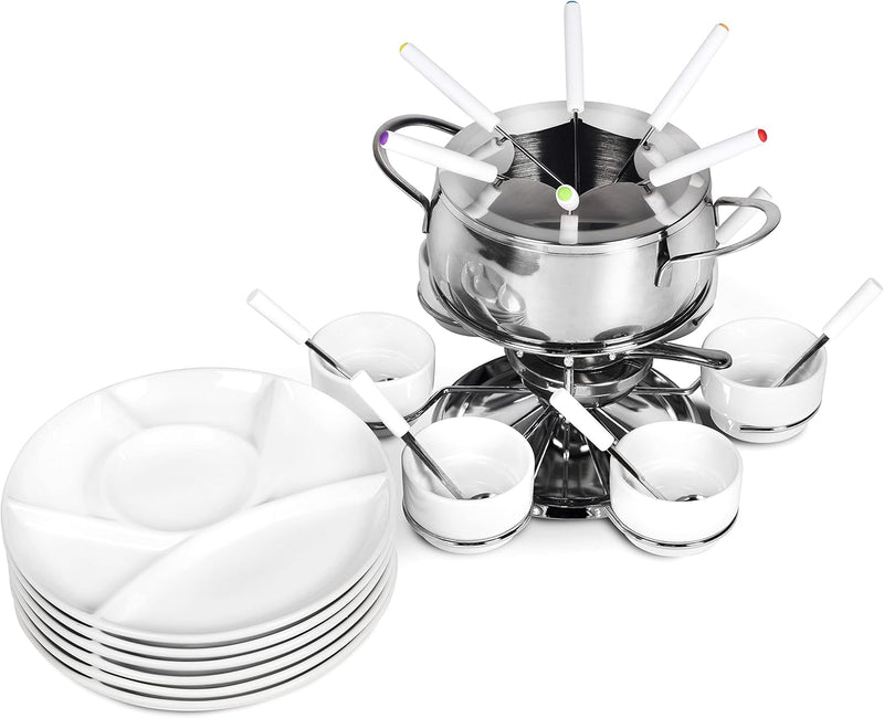 Ribelli Fondue Set 28-teilig Edelstahl 6X Gabel, Löffel, Teller, Schälchen Käsefondue Fleischfondue