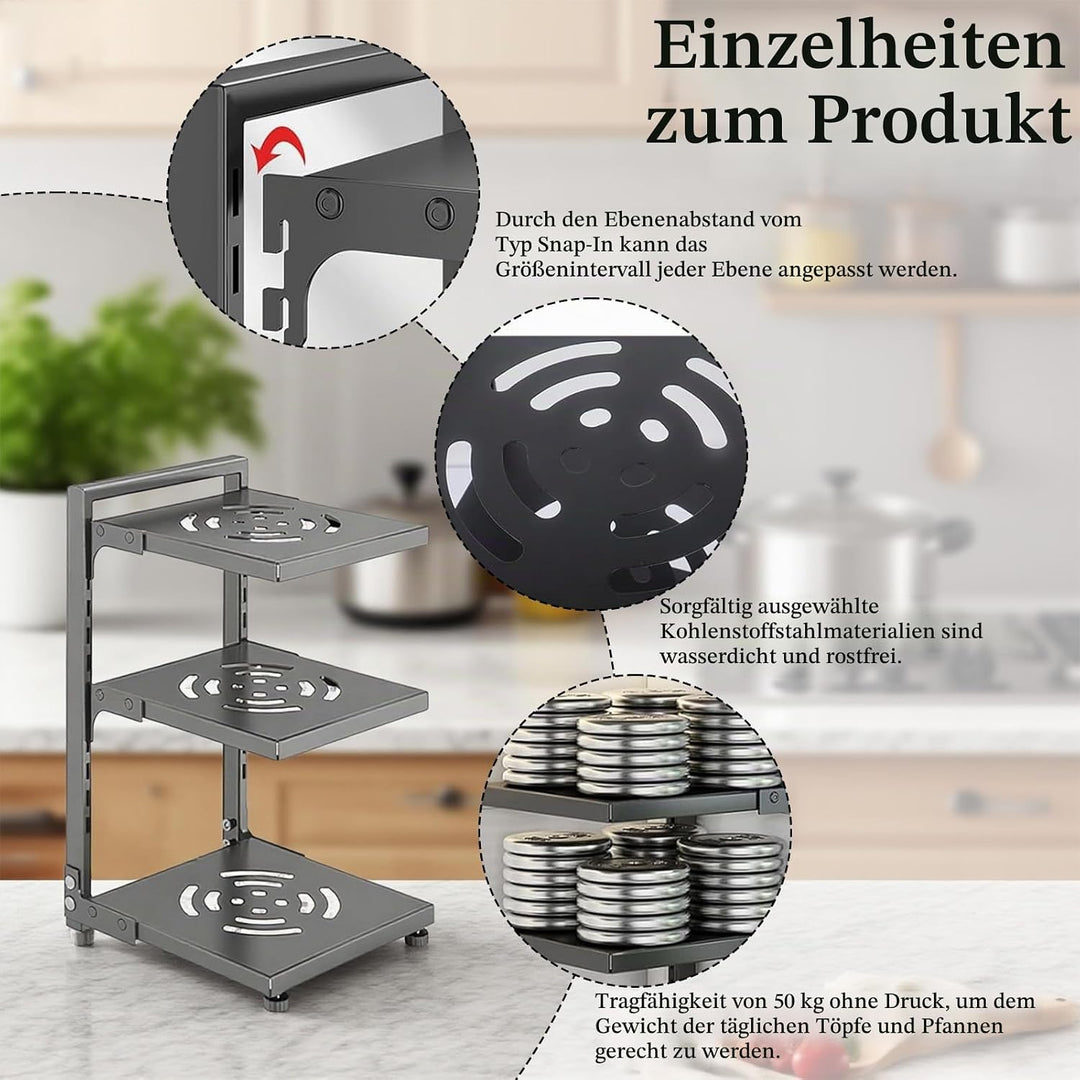 Topf Organizer 3 Ebenen aus Metall – Verstellbarer Pfannenhalter &amp; Deckelständer – Küchenregal für T