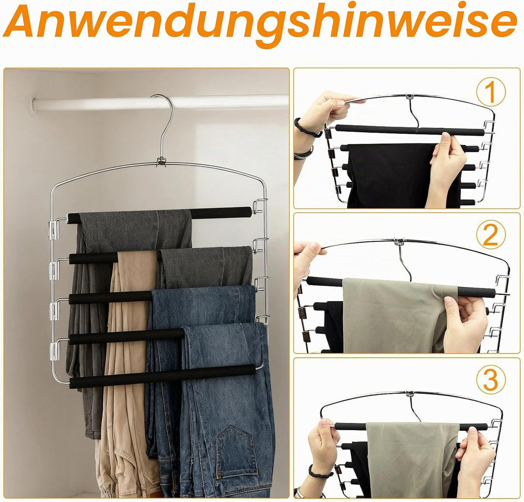 4 Stück Hosenbügel, 5 Etagen Kleiderbügel Platzsparend, Platzsparende Kleiderbügel, Hosenhalter für