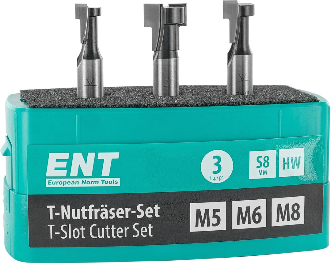 ENT 09003 3-tlg. HW T-Nutfräser-Set optimiert für M5 M6 und M8 Schrauben, HW, Schaft (S) 8 mm - Nute
