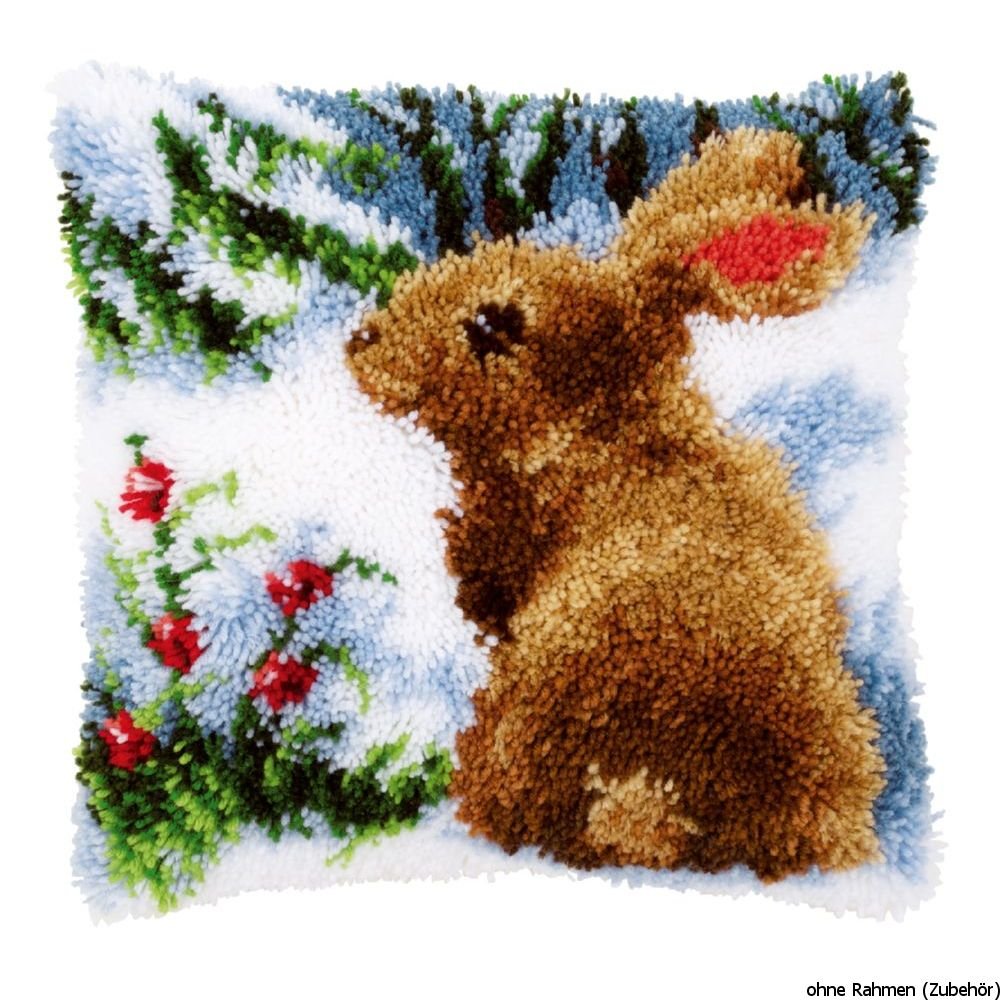 Vervaco Kaninchen im Schnee Knüpfkissen mit Knüpfhaken, Baumwolle, Mehrfarbig, 40 x 40 x 1 cm