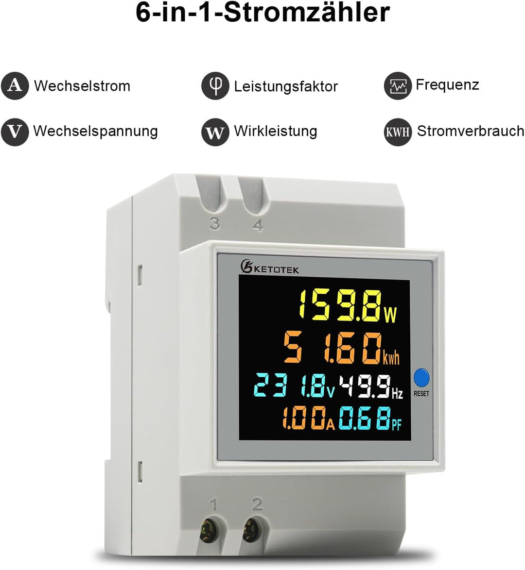 KETOTEK Stromzähler Hutschiene, Digitaler Energiezähler 6in1, AC40-300V 100A Wechselstromzähler KWh