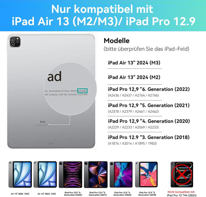 HOU iPad Air 13 Hülle mit Tastatur 2024(M2),iPad Pro 12.9 Hülle mit Tastatur (6th/5th/4th/3rd) Gen 2