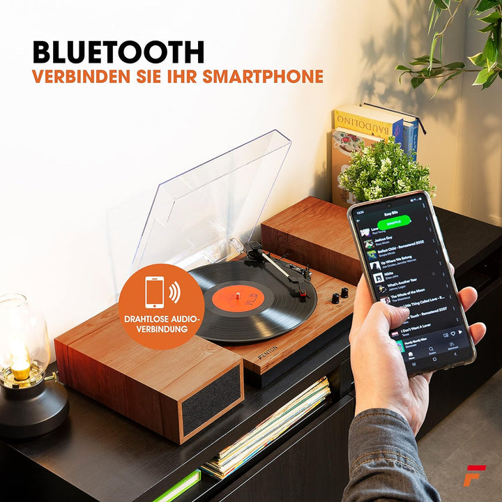 Fenton RP165 Bluetooth Plattenspieler mit Lautsprecher, Schallplattenspieler, Abdeckhaube, Auto Stop