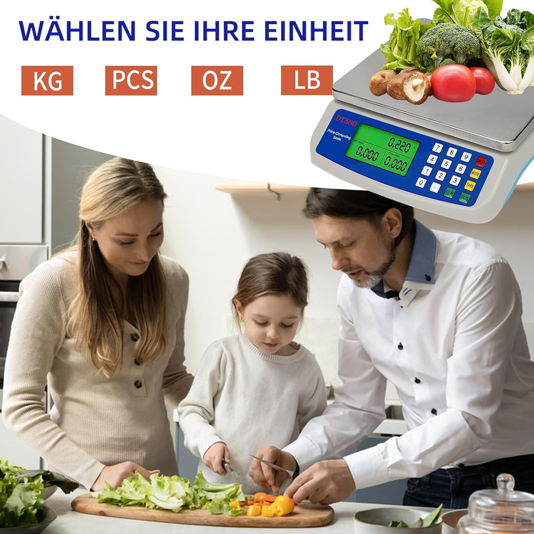 Digitale Küchenwaage 30 kg, Edelstahl Obstwaage mit LCD Display und Tara Funktion, Waage digital mit