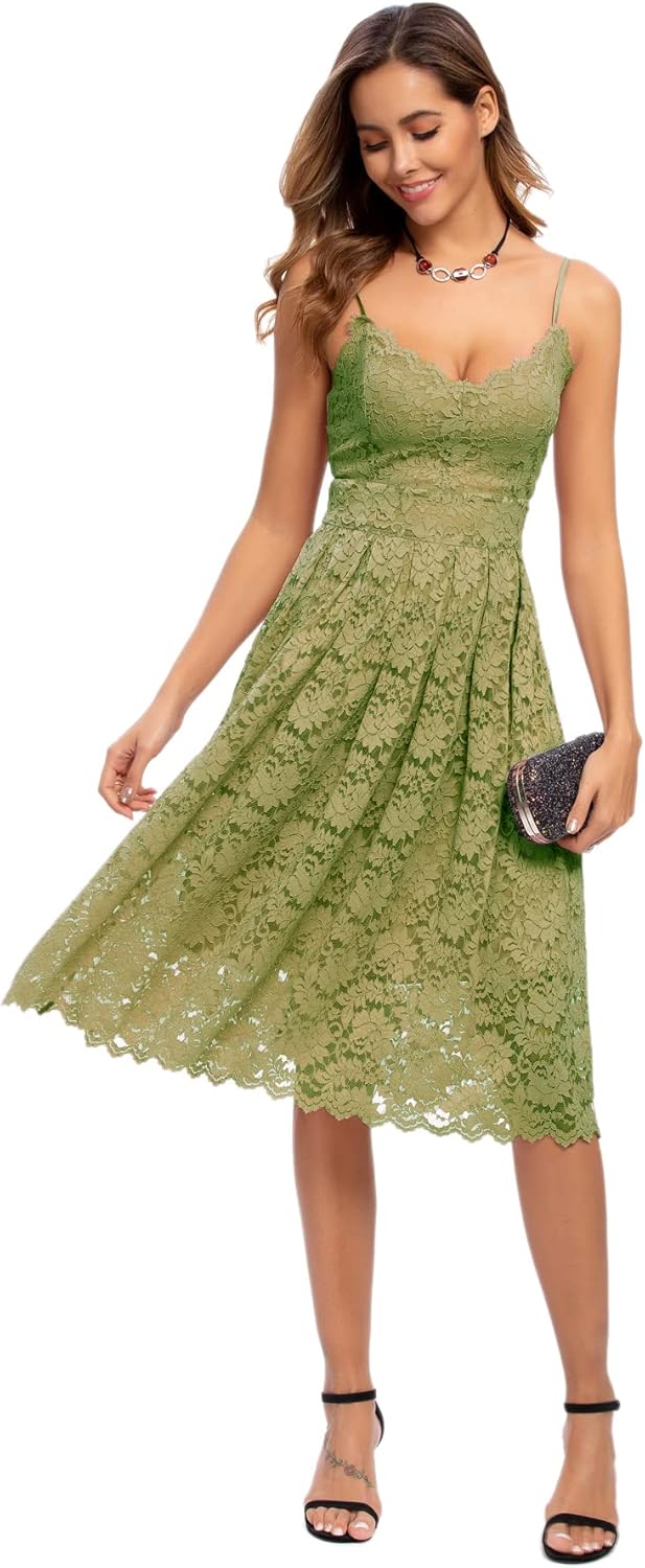 Atnlewhi Damen Vintage ärmellosen V-Ausschnitt A-Linie Kleid Blumen Knielang Spitzenkleid Brautjungf