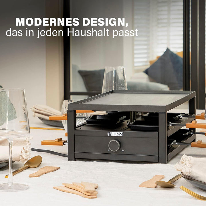 Princess Raclette Black Steel – 8 Personen Parkdeck für Pfännchen grosse Kochfläche 44 x 25 cm regel