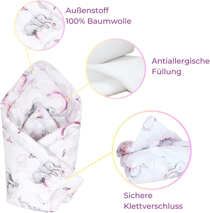 Babylux Einschlagdecke BABYHÖRNCHEN 75 x 75 cm Baby Neugeborene Erstausstattung (125. Elefanten Rosa