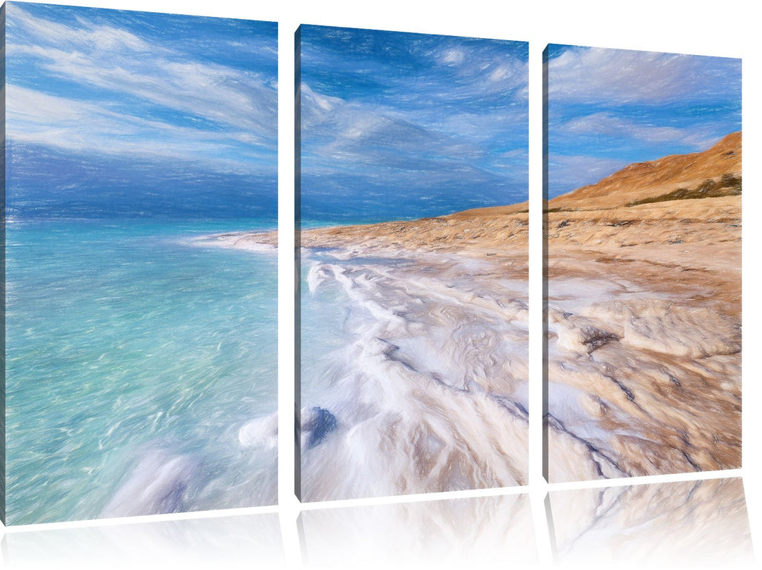 Pixxprint Das Tote Meer bei Tag Bunstift Effekt 3-Teiler Leinwandbild 120x80 Bild auf Leinwand