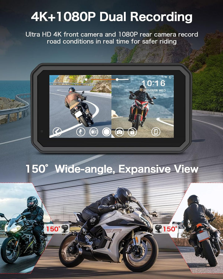 Jansite 4K Motorrad CarPlay Android Auto 6,25 Zoll Motorrad Navi mit Dashcam Vorne Hinten, IP67 Wass