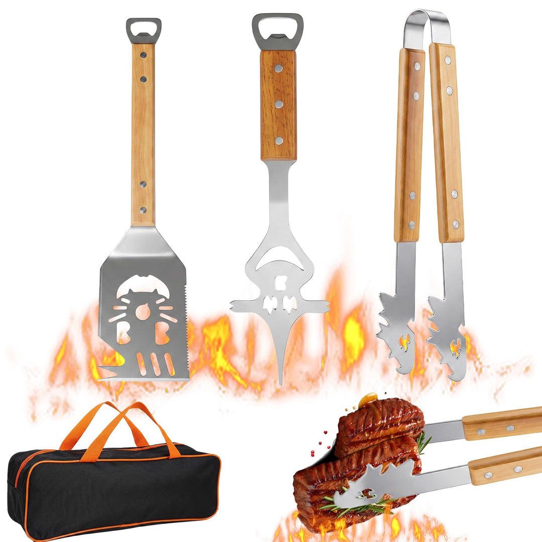 3-teilig Edelstahl BBQ Grillbesteck Set mit Holzgriﬀen, BBQ Zubehör mit Grillzange, Spatel und Gabel
