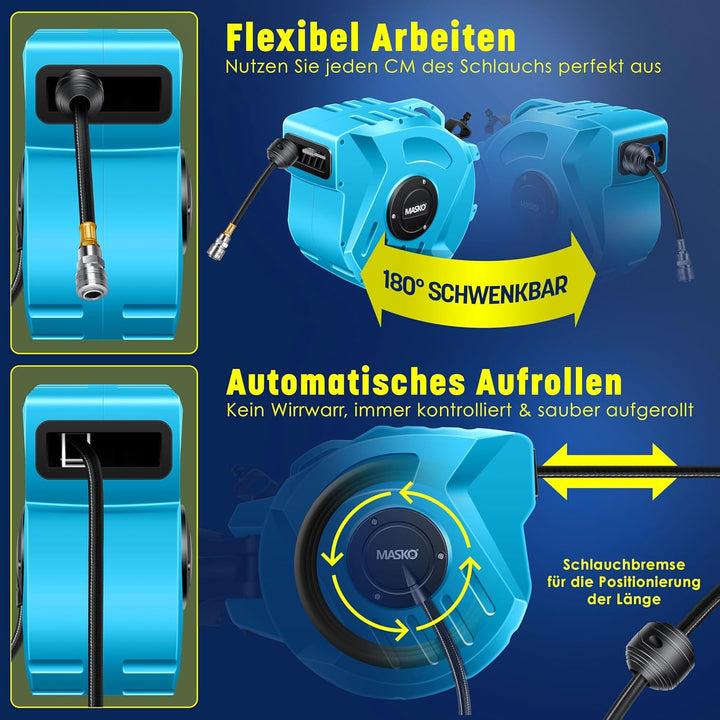 MASKO® Automatik Druckluftschlauch Aufroller 20m – Schlauchtrommel mit 1/4" Anschluss, Schlauchaufro
