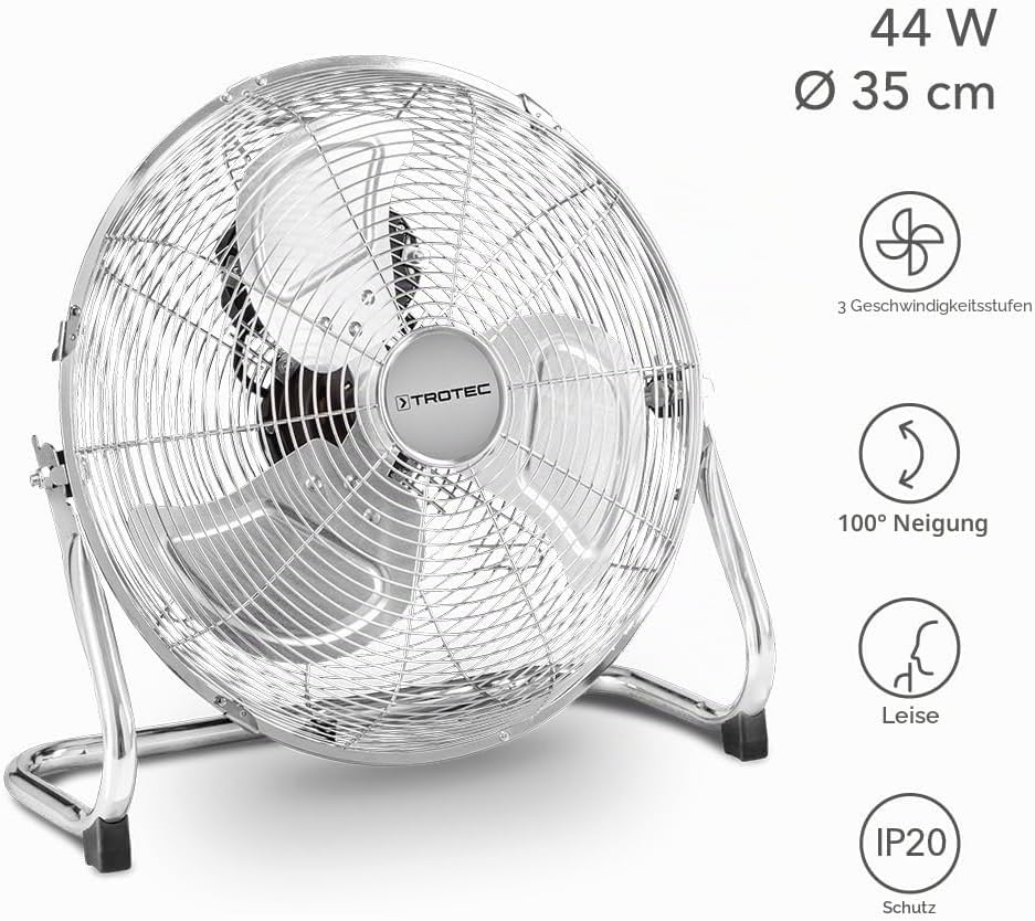 TROTEC Bodenventilator TVM 14 – 44 Watt, Neigungswinkel 100°, 3 Stufen, Ø 35 cm, kippfester Stand, l