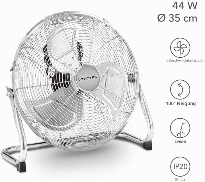 TROTEC Bodenventilator TVM 14 – 44 Watt, Neigungswinkel 100°, 3 Stufen, Ø 35 cm, kippfester Stand, l