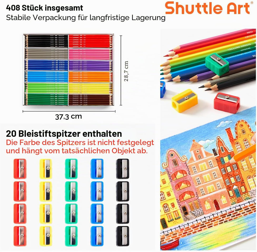 Shuttle Art 408 Pack Buntstifte Schule Set, 12 Farben Malstifte für Kinder plus 20 Anspitzer, Buntst