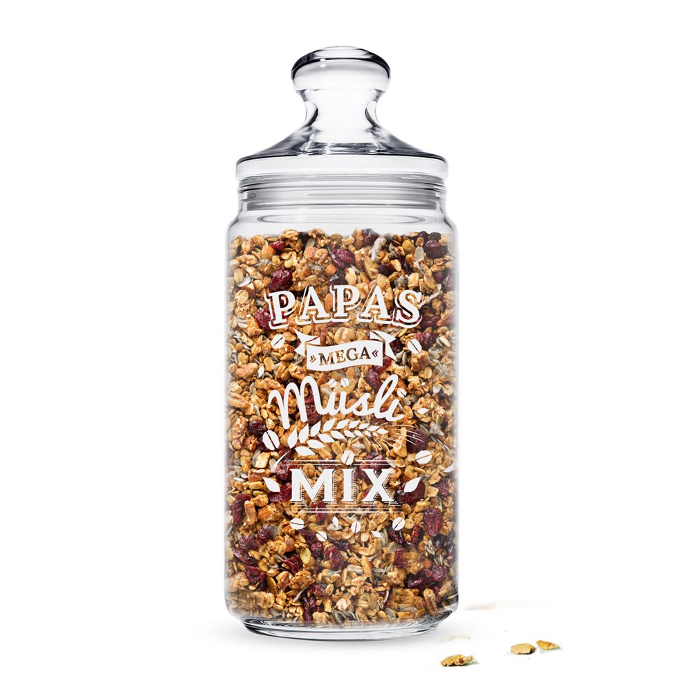 Casa Vivente – Müsliglas mit Gravur – Papas Mega Müsli Mix – Aufbewahrungsglas mit luftdichtem Versc