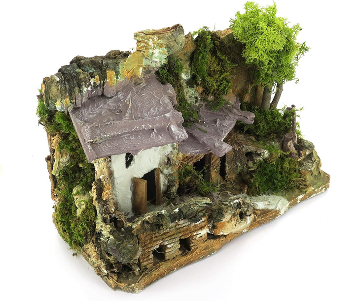 Ferrari & Arrighetti Haus mit Holzschuppen für Krippe, Bertoni Krippen, Holz/Papier/Stuck, 13x25x19