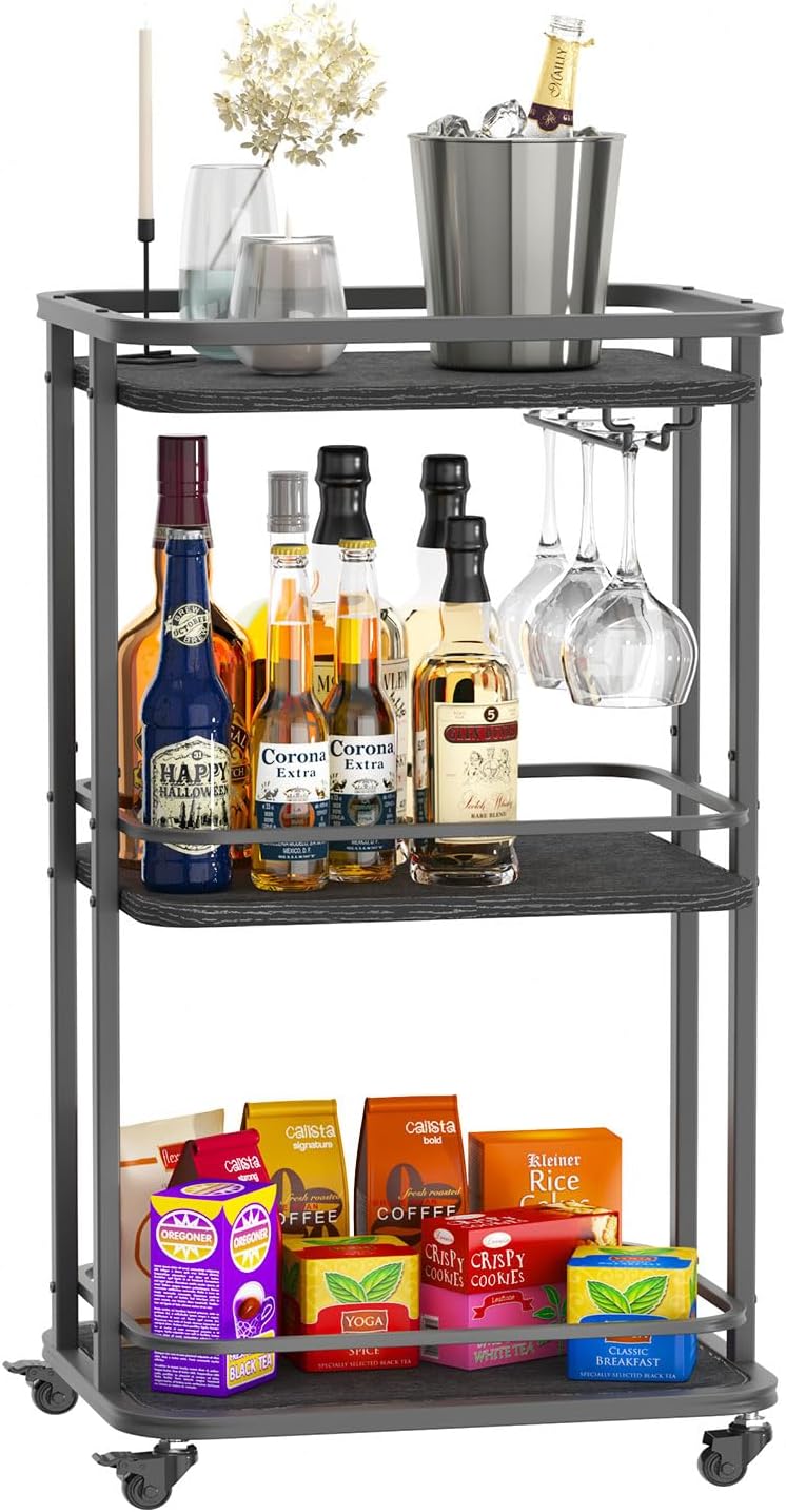 IBUYKE 3-Tier Home Bar Servierwagen, Küche Aufbewahrungswagen mit Rädern,11.81x15.75x33.07 Zoll,Roll