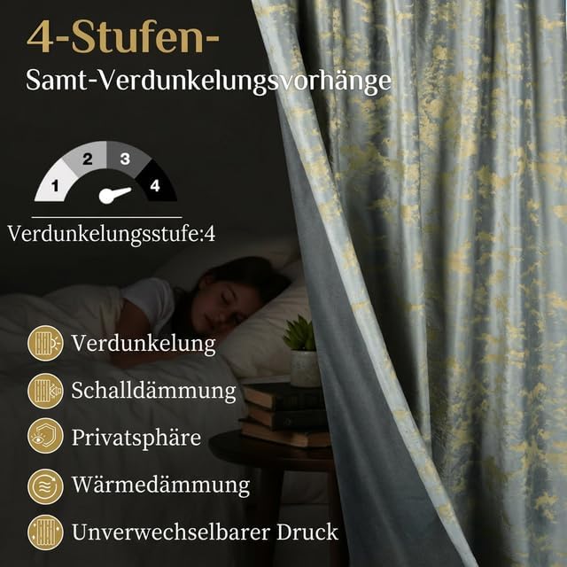 Rosnek Samt Vorhang Blickdicht 2er Set,Gardinen Kräuselband mit Heissprägen Muster,Thermogardine Ver