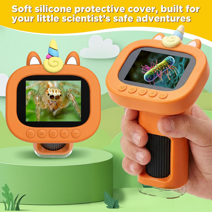 Digitales Handmikroskop für Kinder 1000X, Taschenmikroskop mit 2,4-Zoll-Farbdisplay, 9 LEDs, wiedera