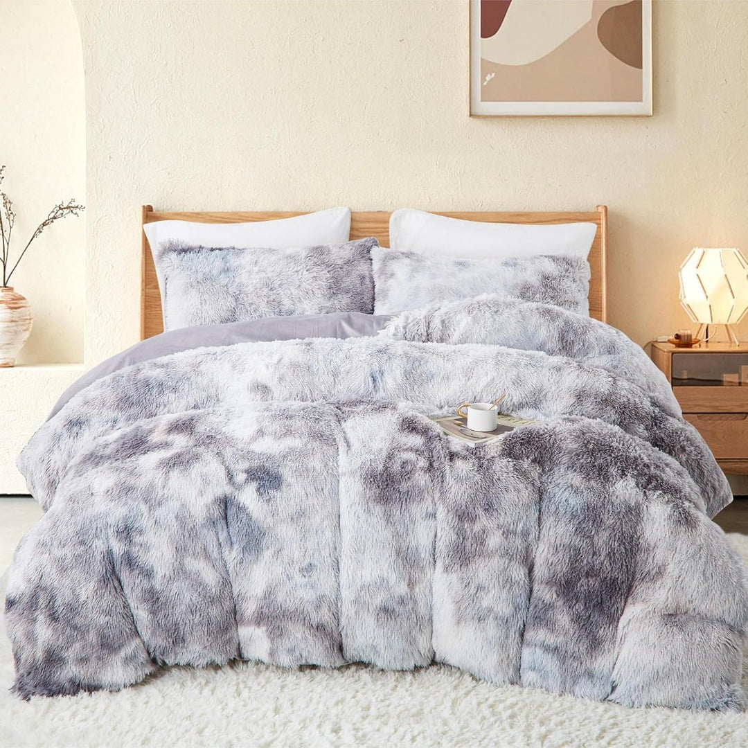 Freyamy Plüsch Bettwäsche 200x220cm Grau Langhaar Flauschig Warm Winterbettwäsche Flanell Samt Biber