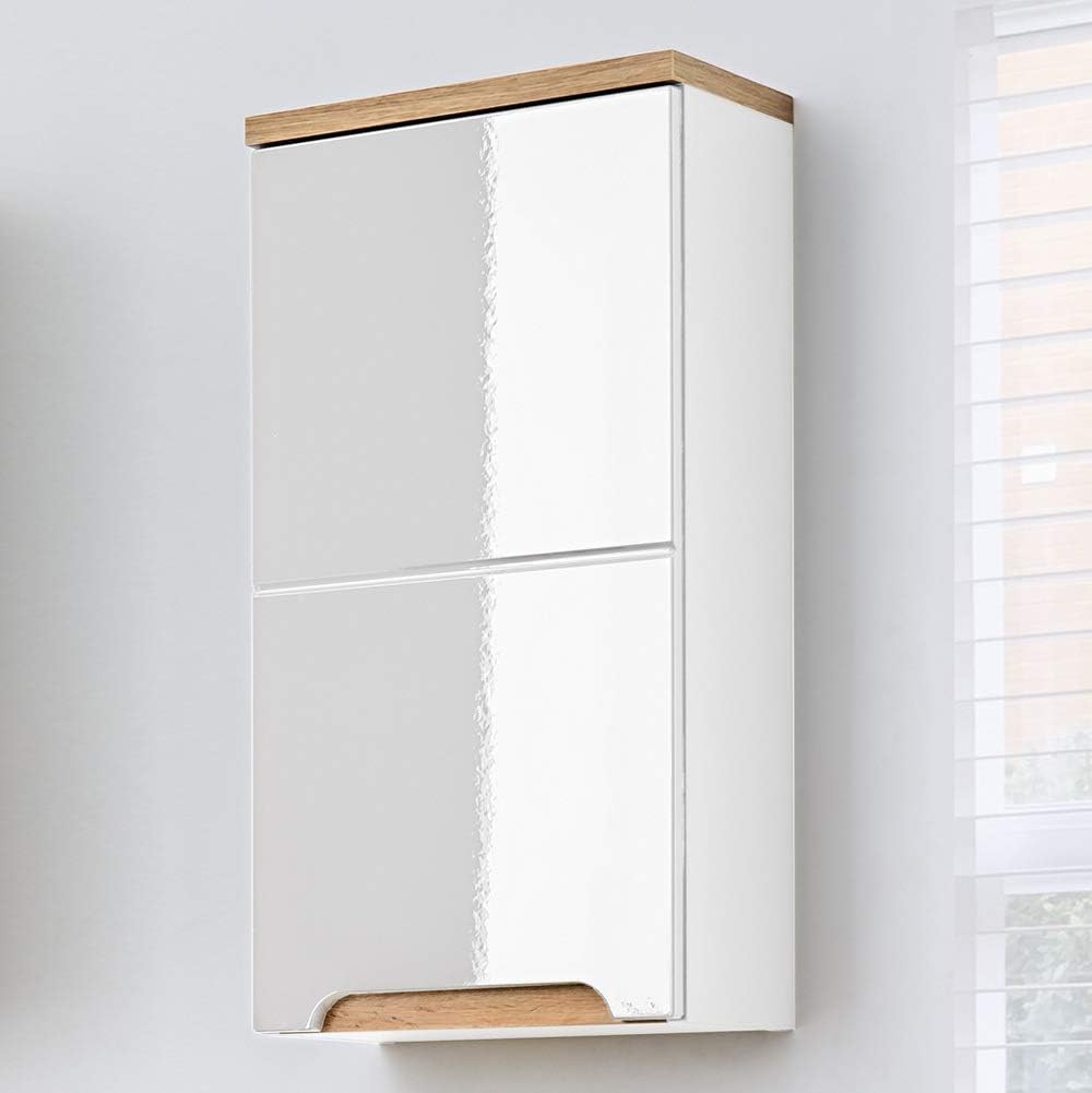 Lomadox Badezimmer Hängeschrank Hochglanz weiss mit Wotaneiche, 1 Tür, 1 EInlegeboden, B/H/T: 35/70/