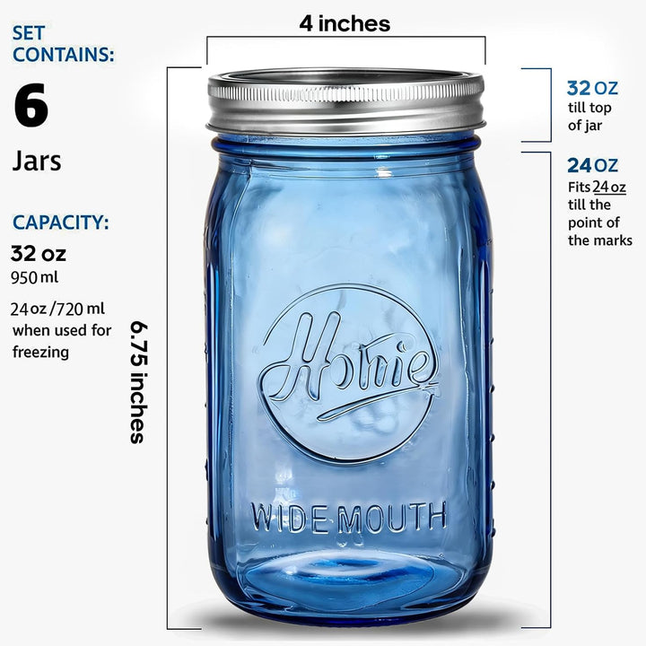 Tebery 6 Stück Vintage Blue Home Einmachgläser mit luftdichten Deckeln und Bändern, 900 ml breite Öf