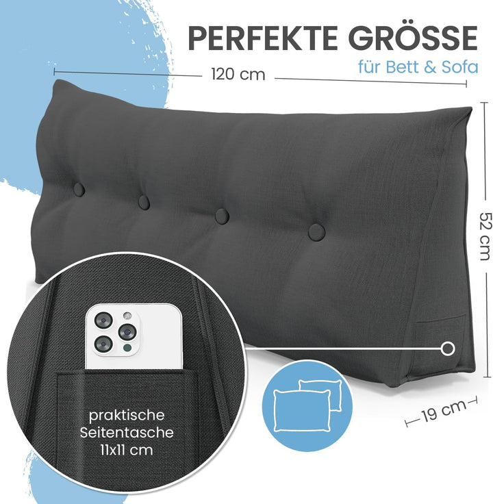 ELONEO Rückenkissen 120 cm breit, Keilkissen für Bett und Sofa geeignet, dreieckiges Lesekissen, Kis